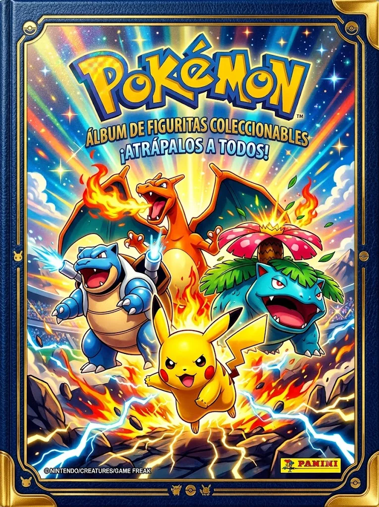 Tapa del álbum de figuritas: Charizard, Blastoise, Venusaur y Pikachu